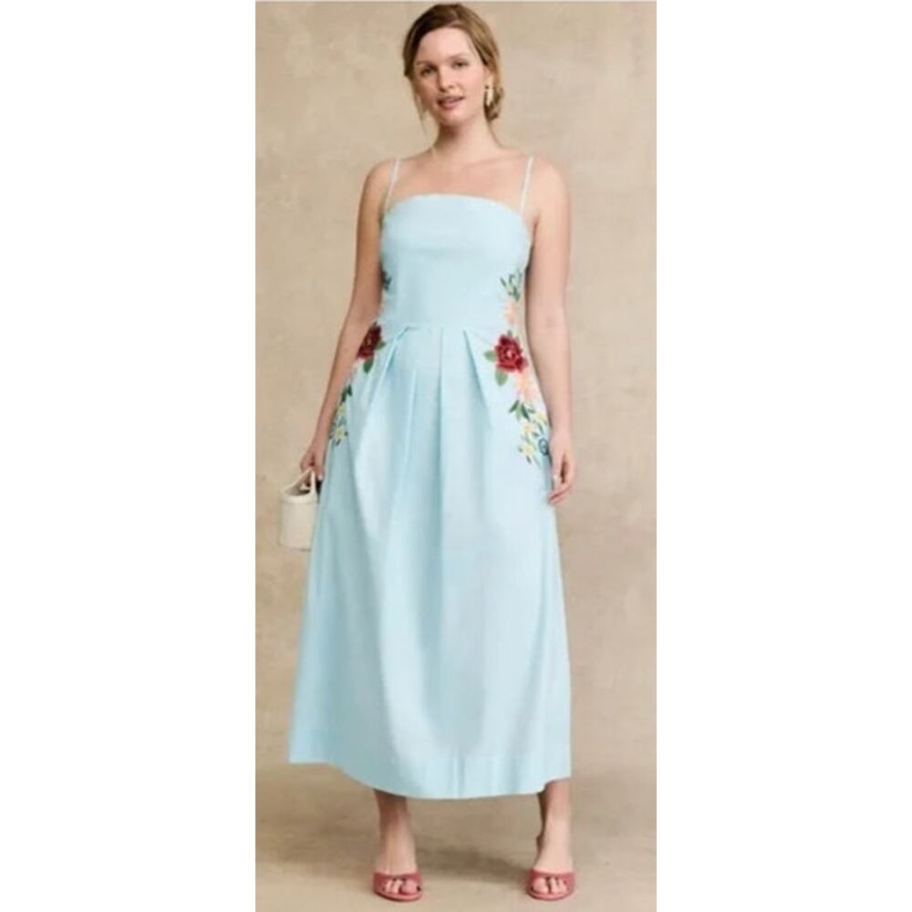 Fanm Mon Sandine Dress Floral Embroidered Sleeveless Midi Light Lagoon Blue L